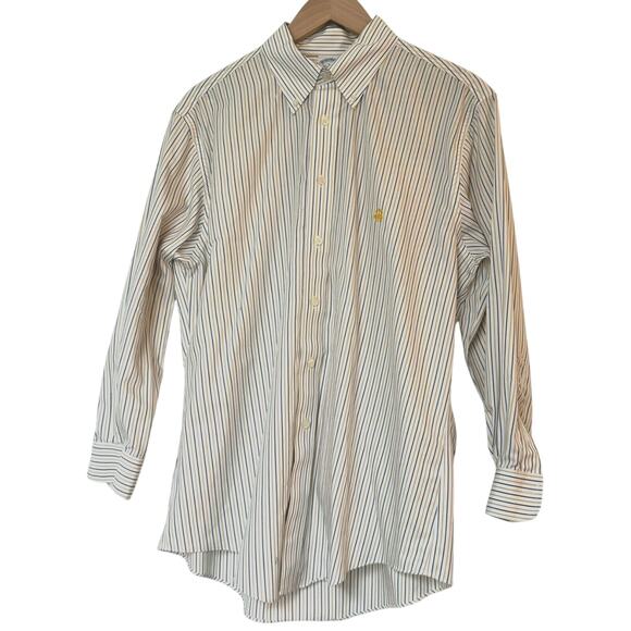 BROOKS BROTHERS Men's Large Supima Cotton Button Down White Yellow Striped Shirt - Picture 2 of 11